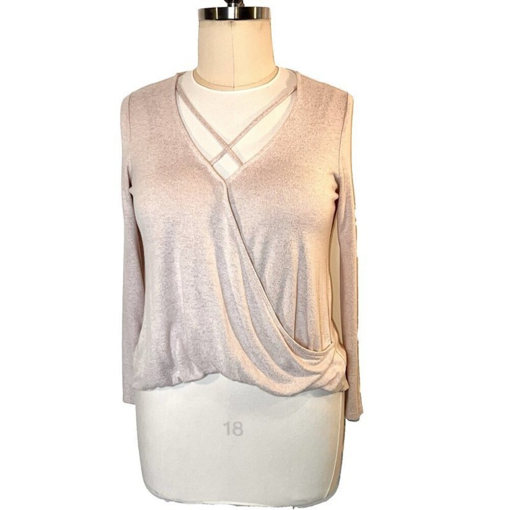 Boston Proper - Women's M Sweater Blush Pink Caged V Neck Long Slv Bubble Hem